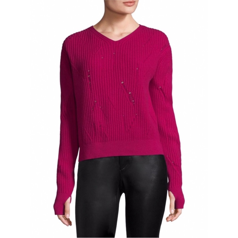 Helmut Lang Drop Needle V-Neck Sweater Lambs Wool Knit Distressed In Pink Size S